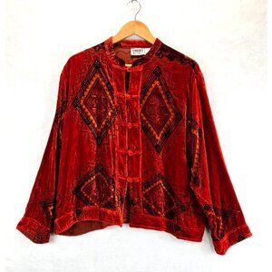 Chicos Design Red Velvet Burnout Asian Jacket Blouse 2/L Frog Buttons Bohemian